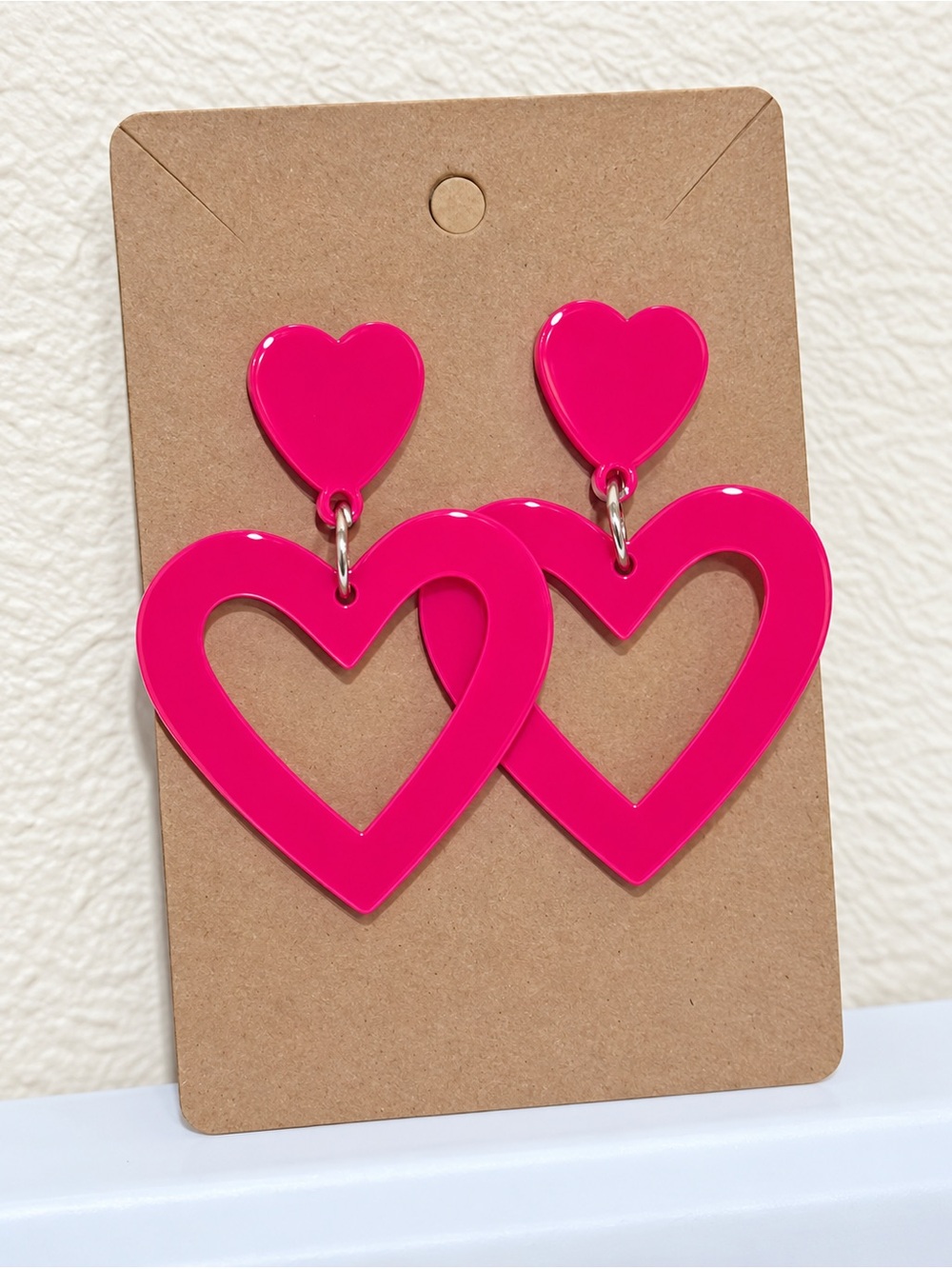 💕 PINK DOUBLE HEART DANGLE STUD EARRINGS